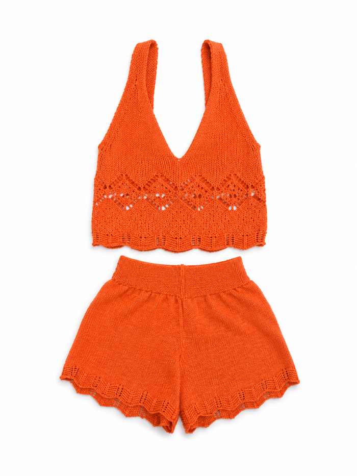 Two-piece orange crochet beachwear set