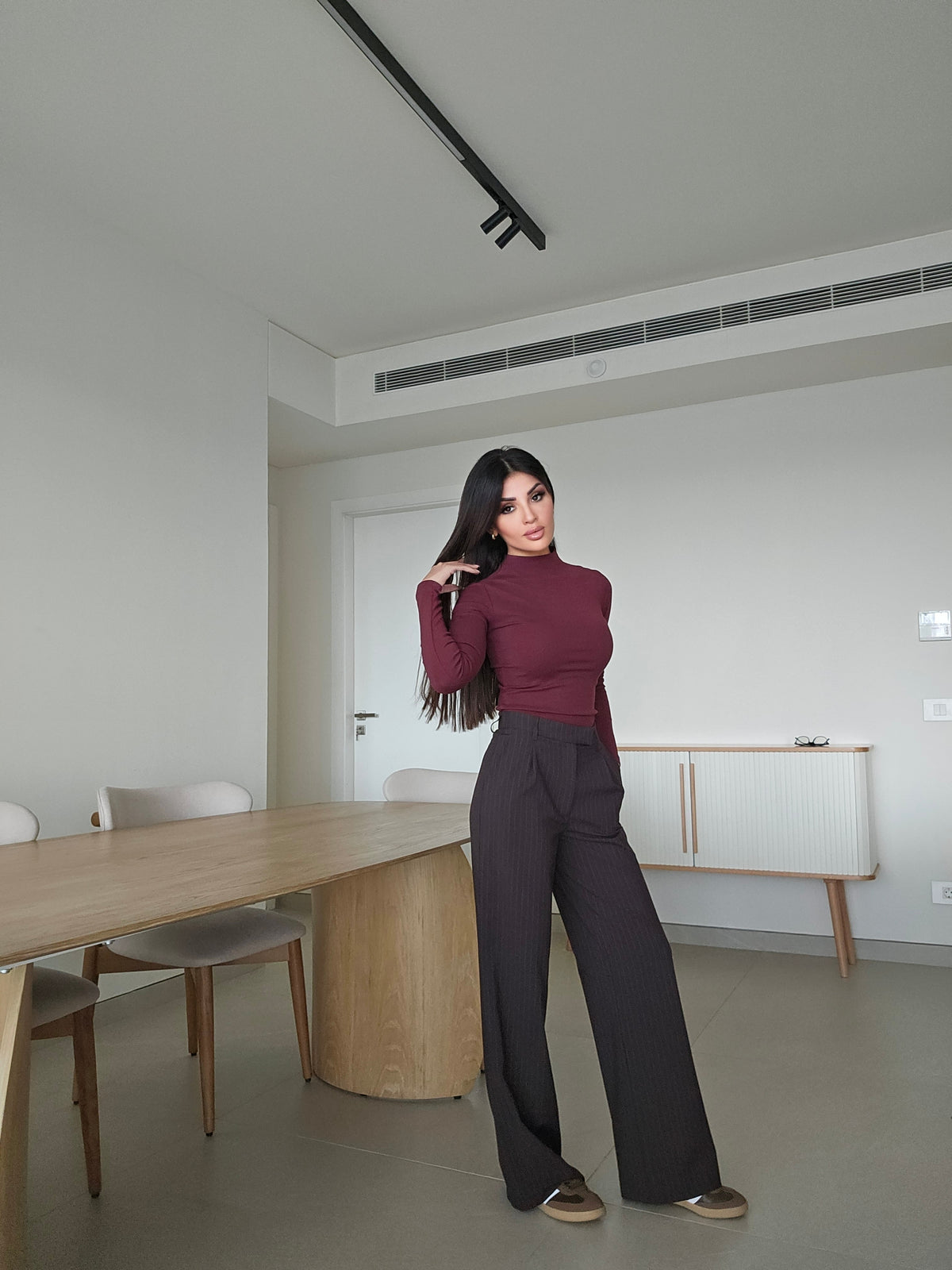 High-waisted pinstripe wide-leg striped brown trousers