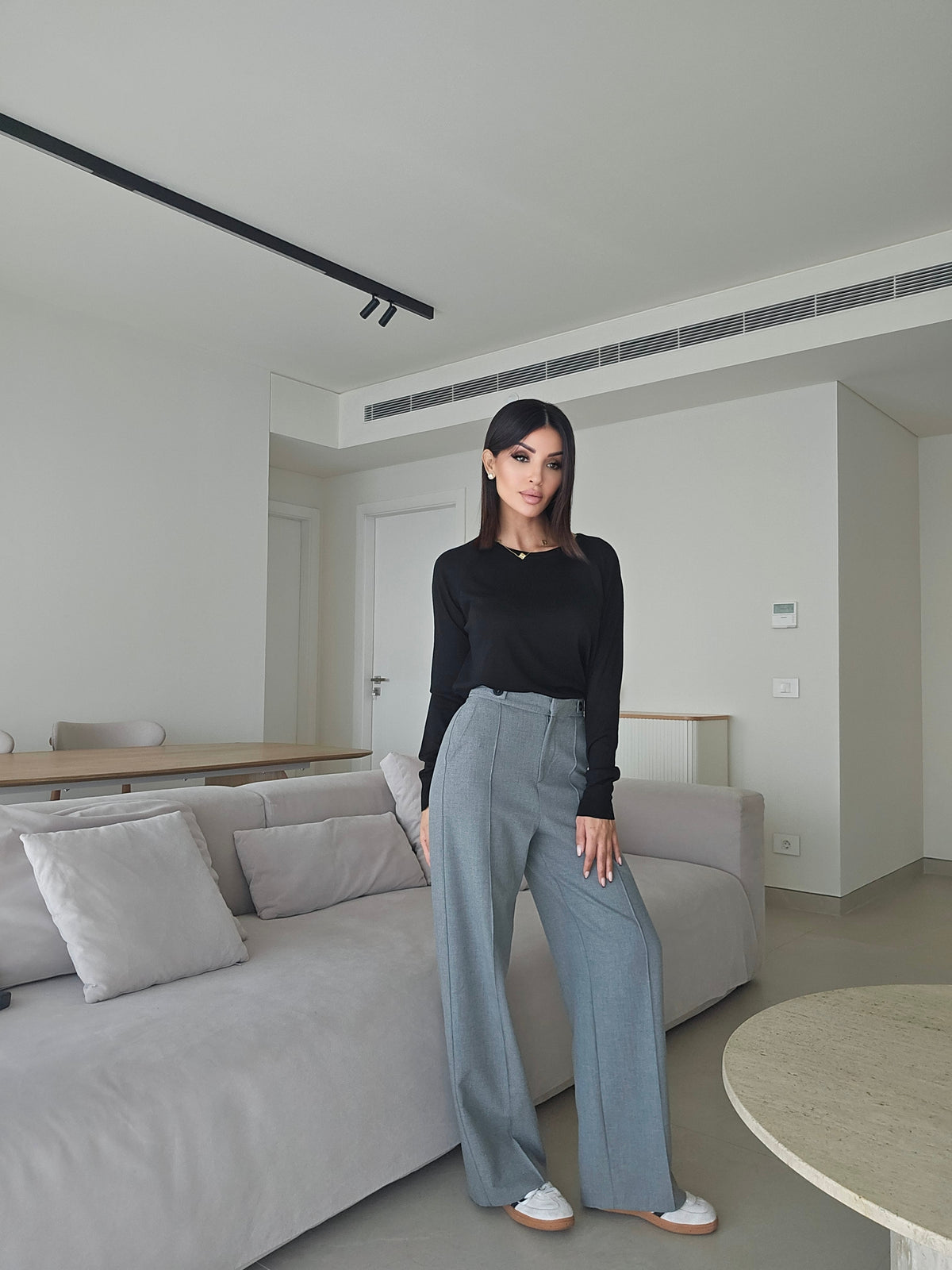 Gray high-waisted tailored wide-leg trousers