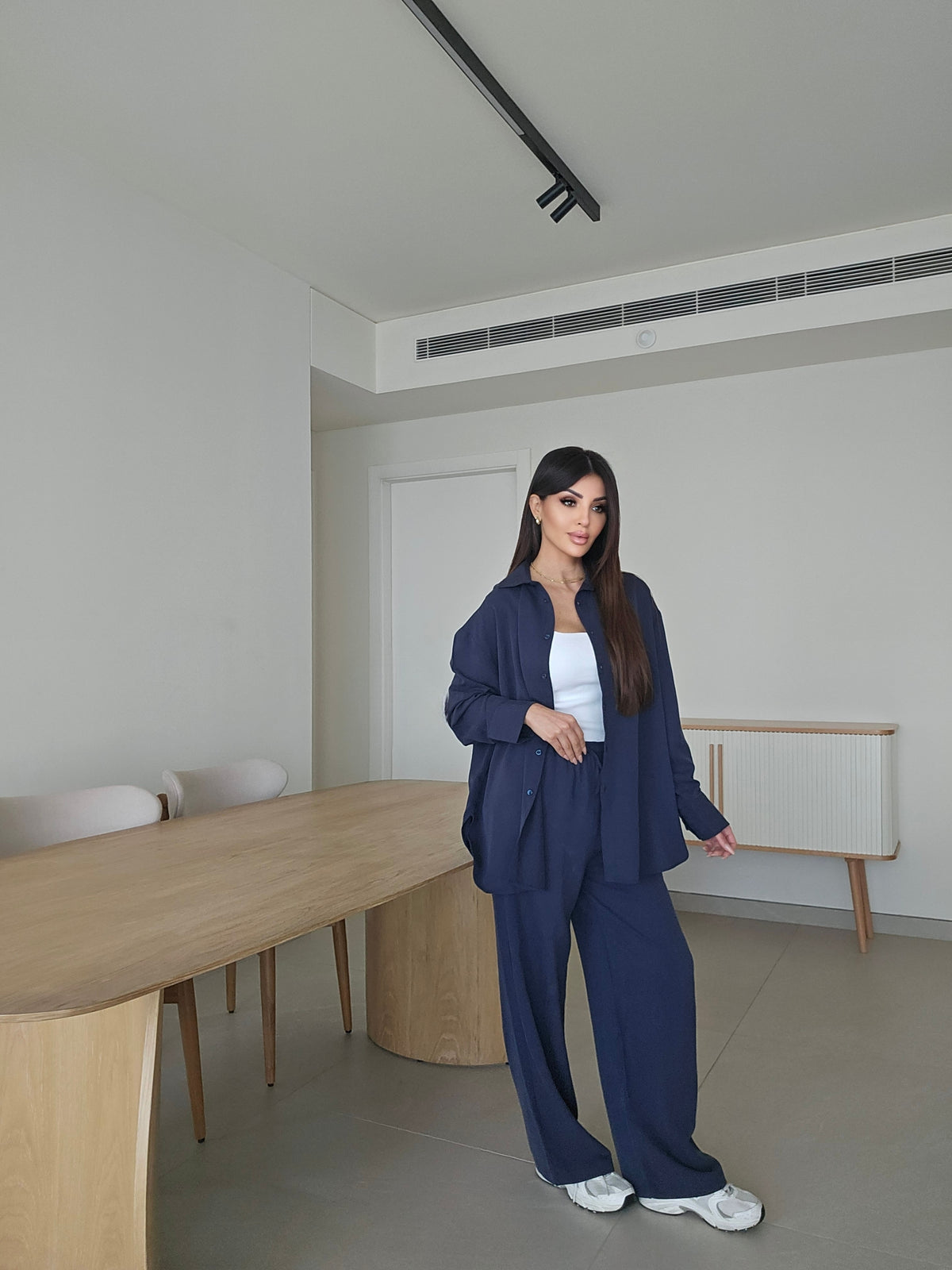 Oversized button-down shirt with open back and wide-leg pants lounge co-ord set