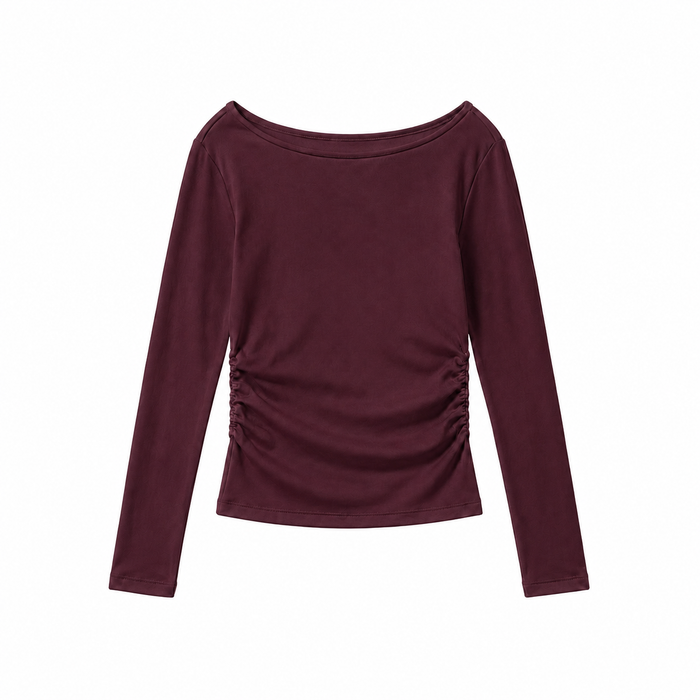 Long-sleeve crewneck side-cinched cotton top
