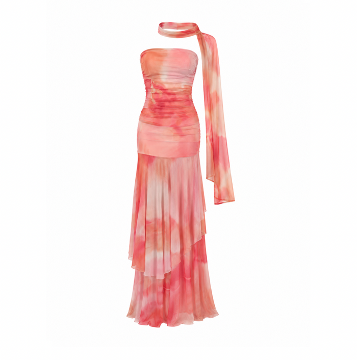 Strapless mesh maxi dress with a matching neck scarf