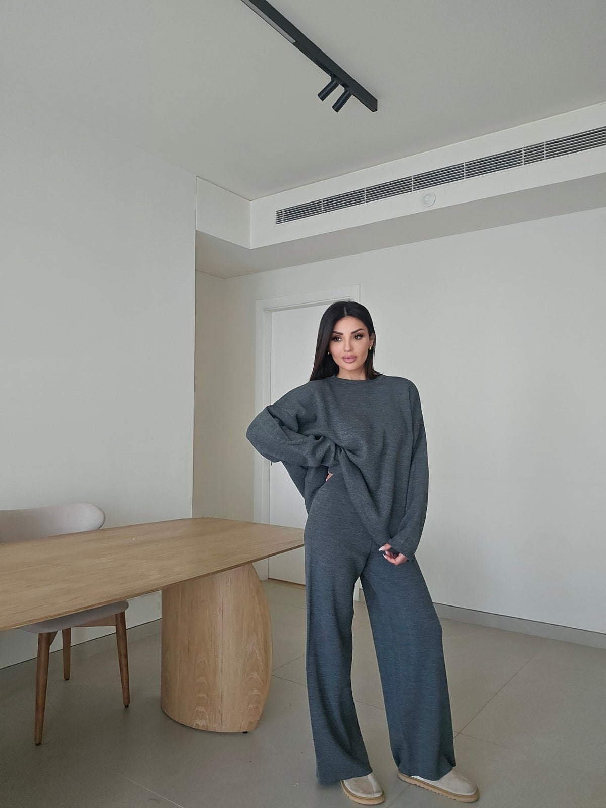 Charcoal grey crewneck oversized sweater and wide-leg knit trousers lounge co-ord set