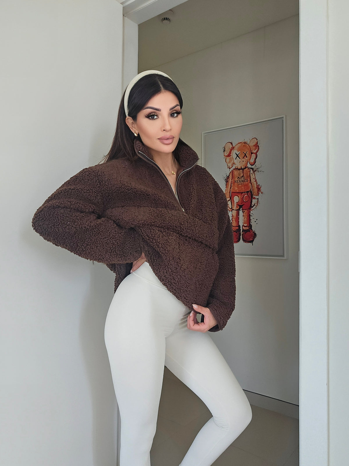 Brown teddy fleece half-zip pullover sweater