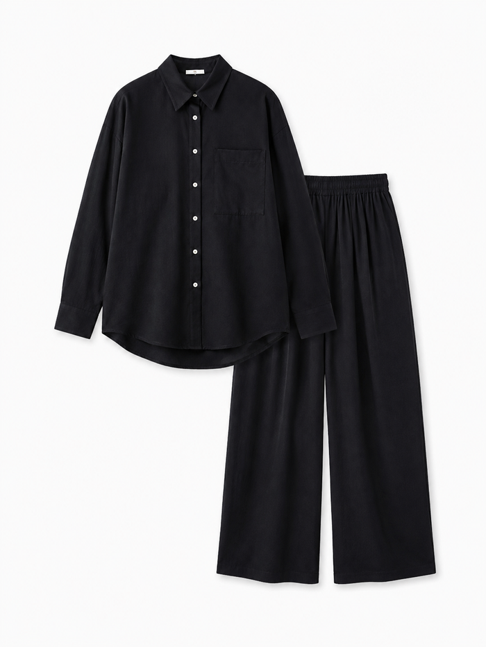 Black linen button-down shirt and elastic-waist wide-leg pants set