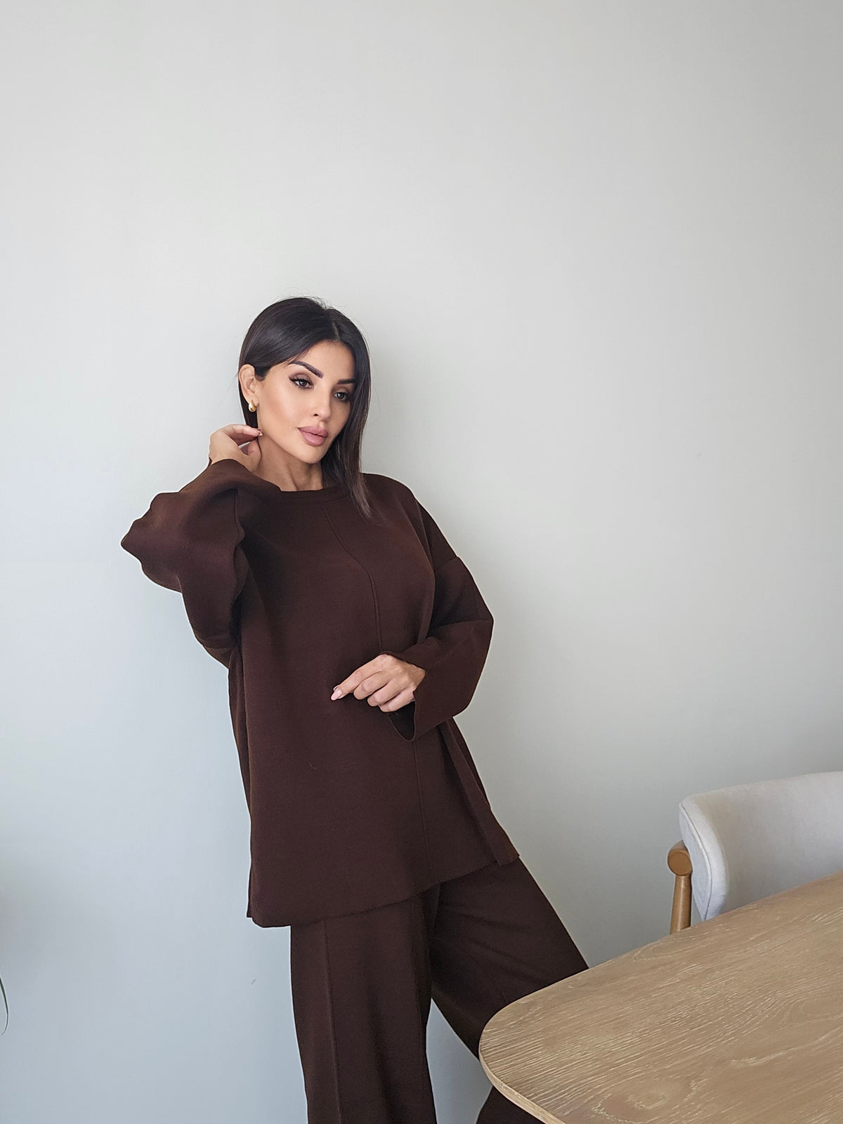 Soft knit crewneck sweater and wide-leg trousers brown loungewear co-ord set