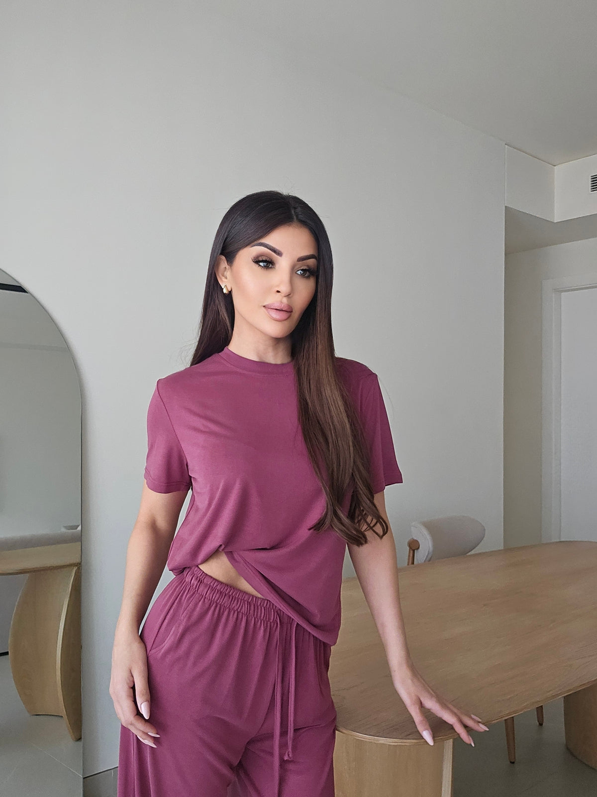 Plum-colored modal lounge set