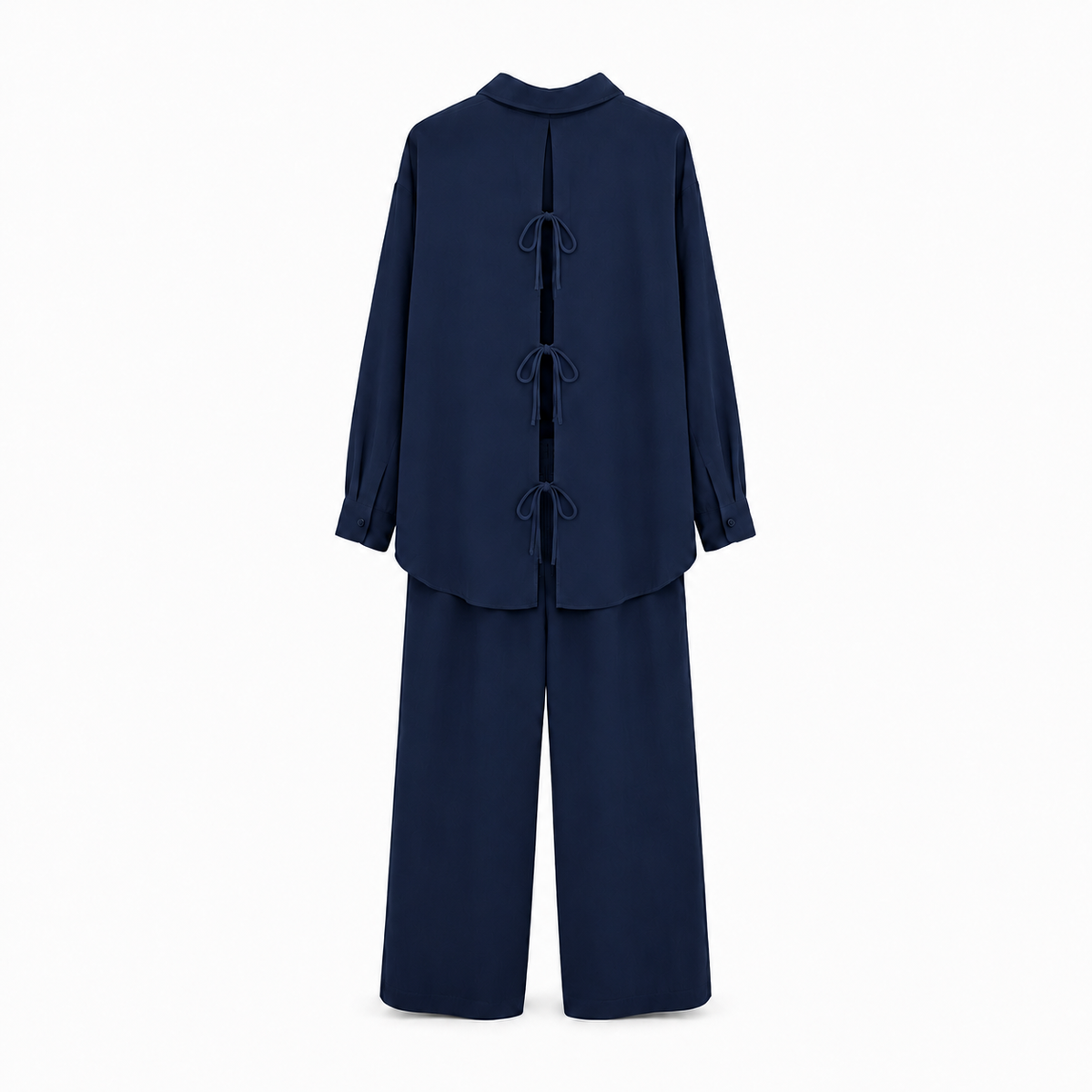 Oversized button-down shirt with open back and wide-leg pants lounge co-ord set