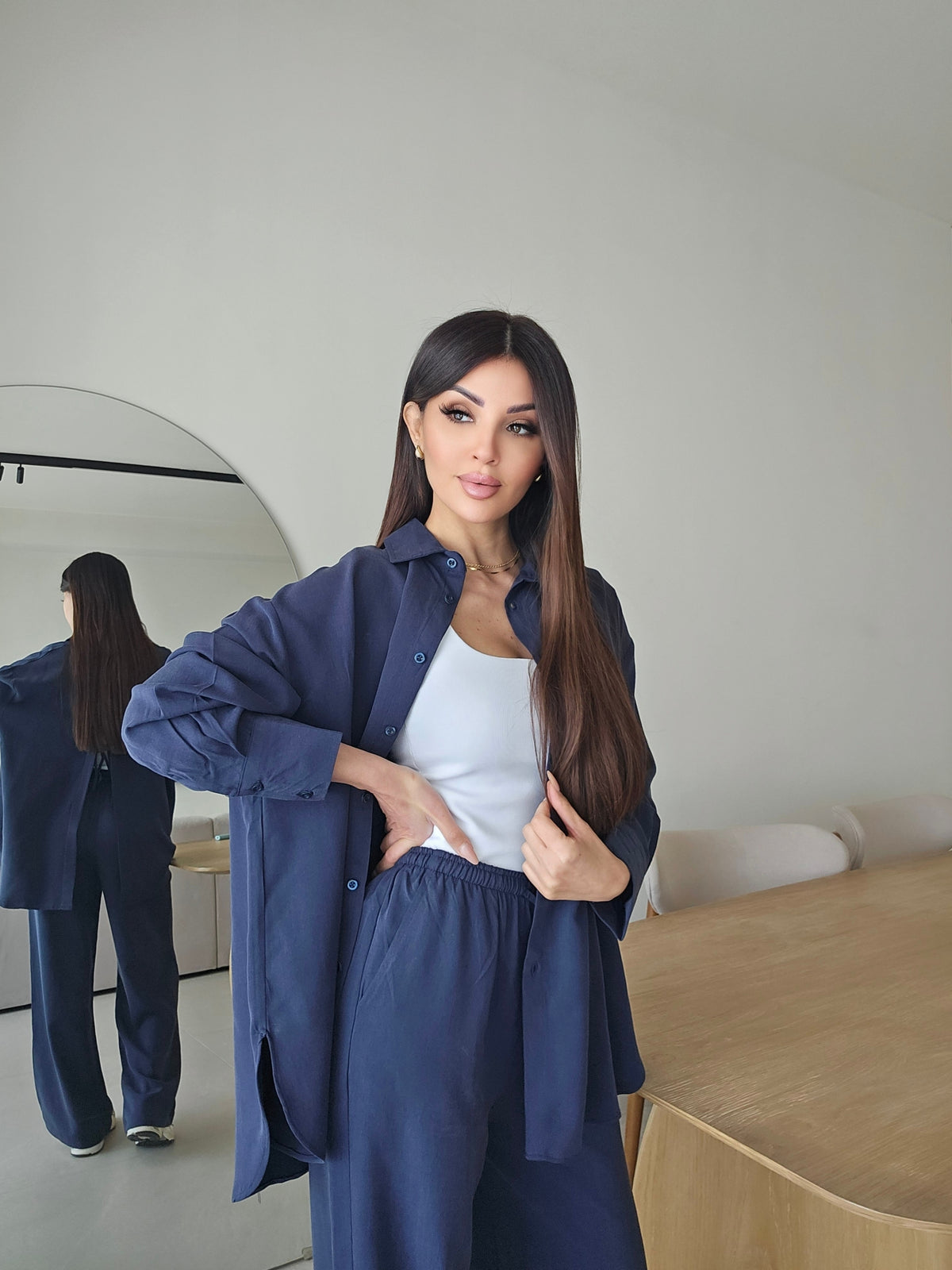 Oversized button-down shirt with open back and wide-leg pants lounge co-ord set