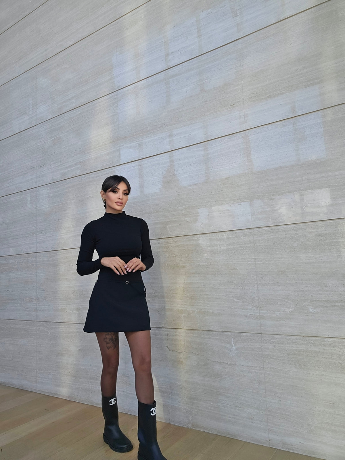 Long-sleeve mock neck cotton top