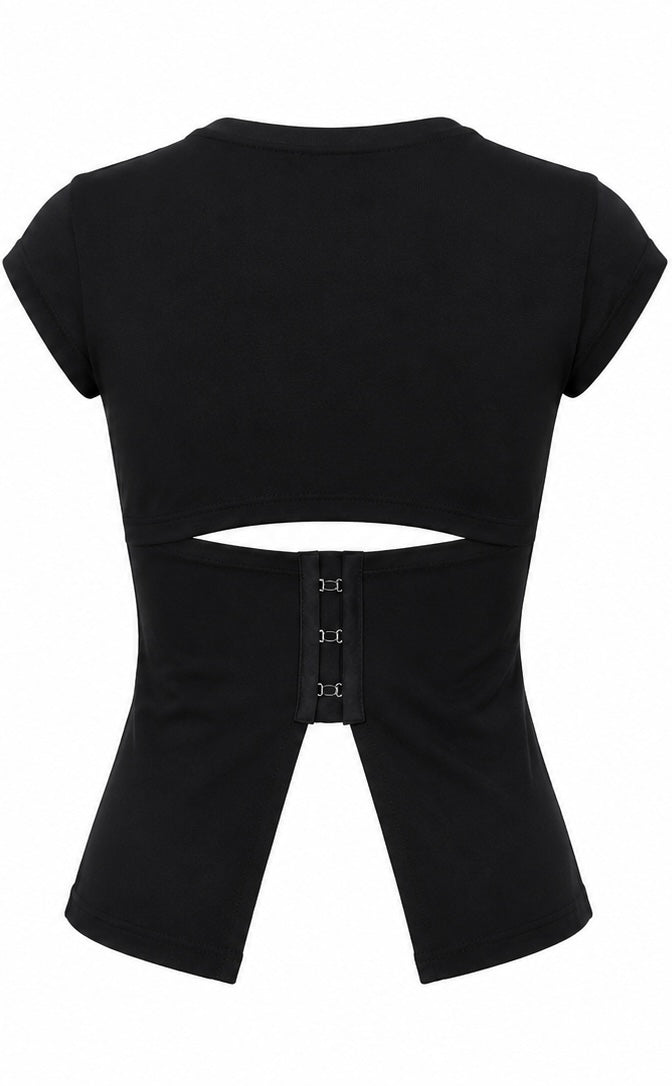 Cotton short-sleeve open-back top with hook-and-eye closures