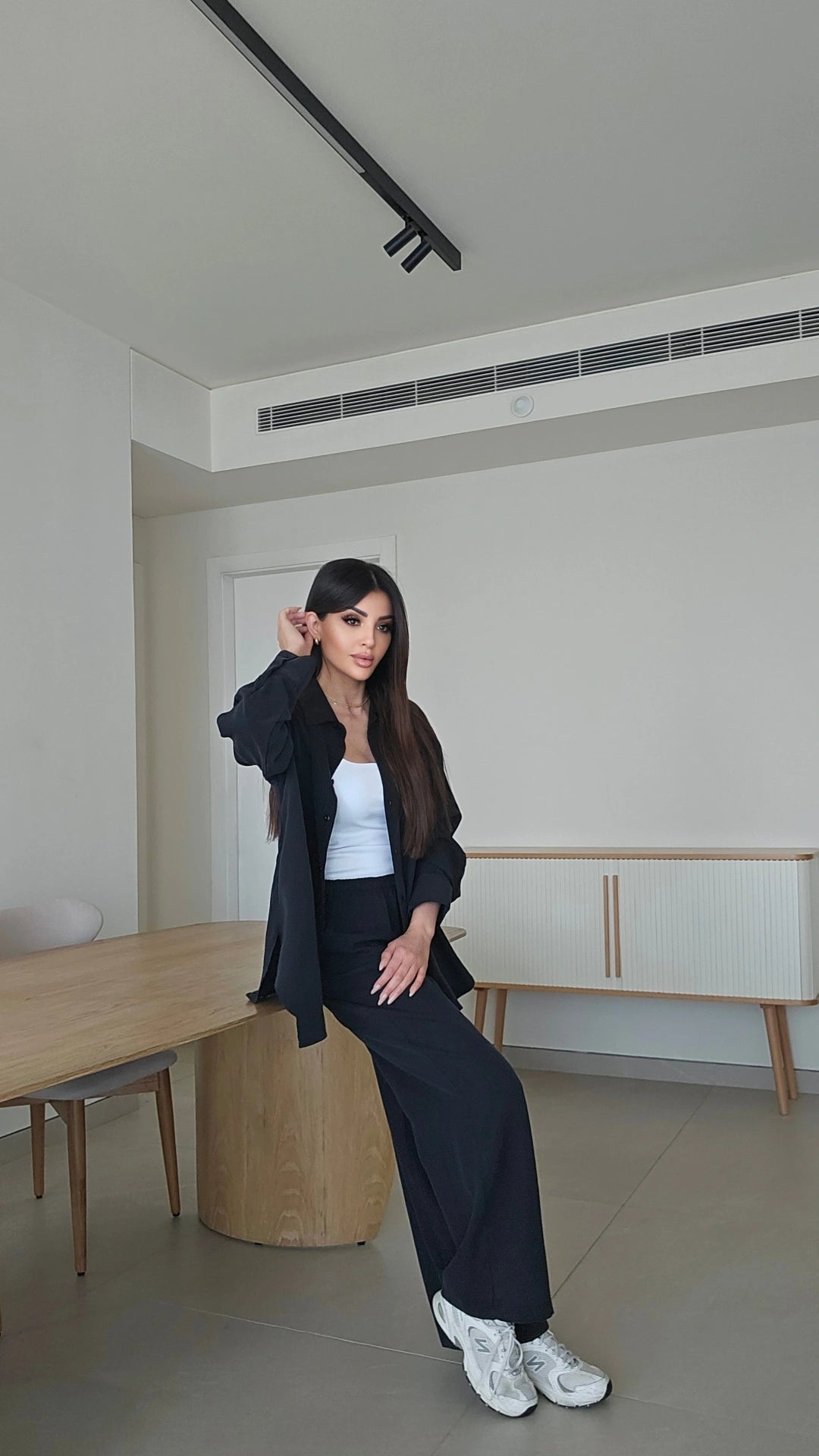 Oversized button-down shirt with open back and wide-leg pants lounge co-ord set
