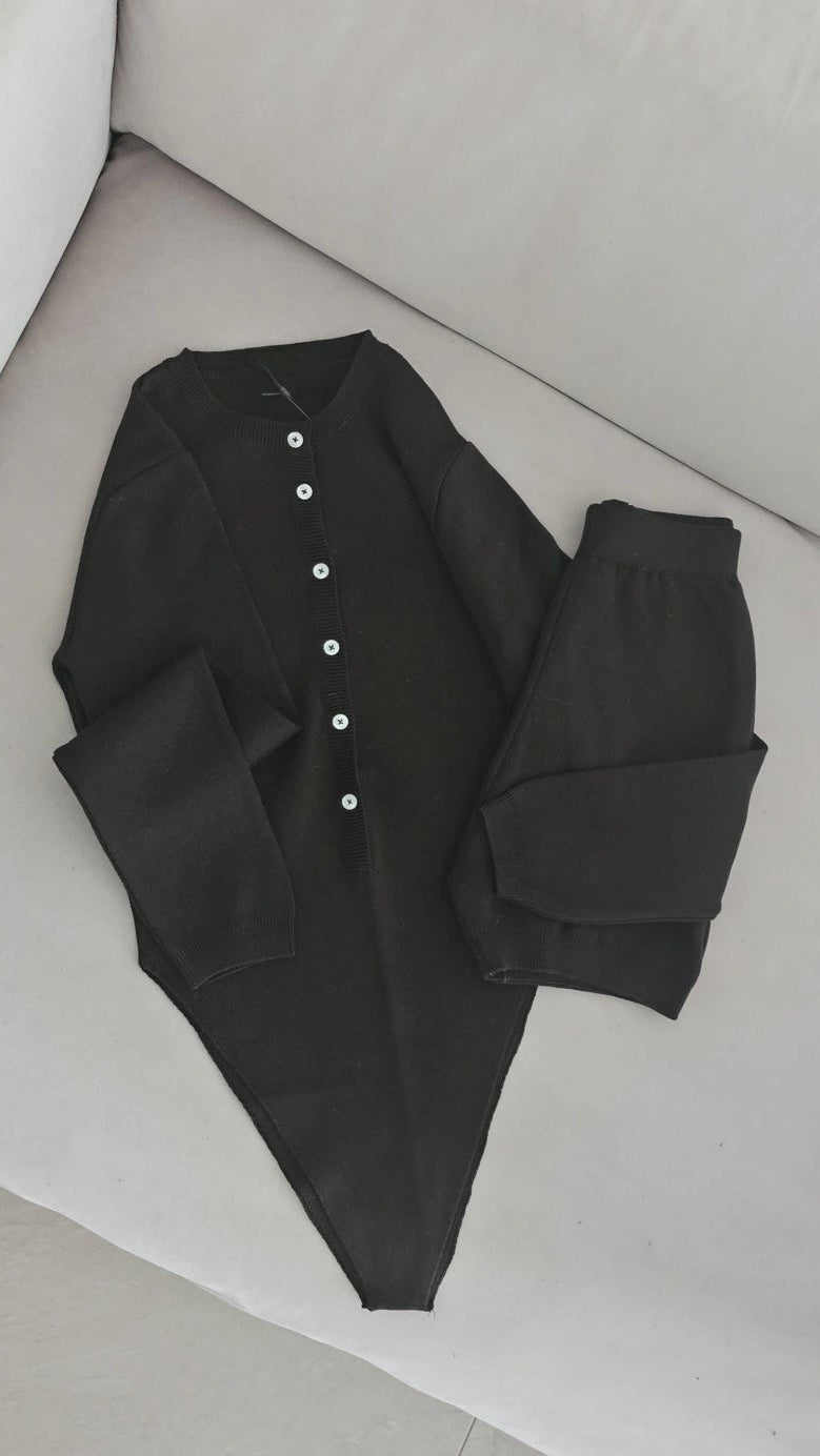 Soft-knit Henley bodysuit and shorts lounge set