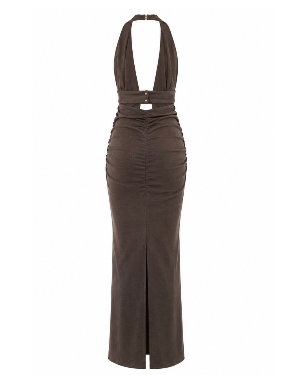 Ruched halter maxi dress with a gold hardware detail
