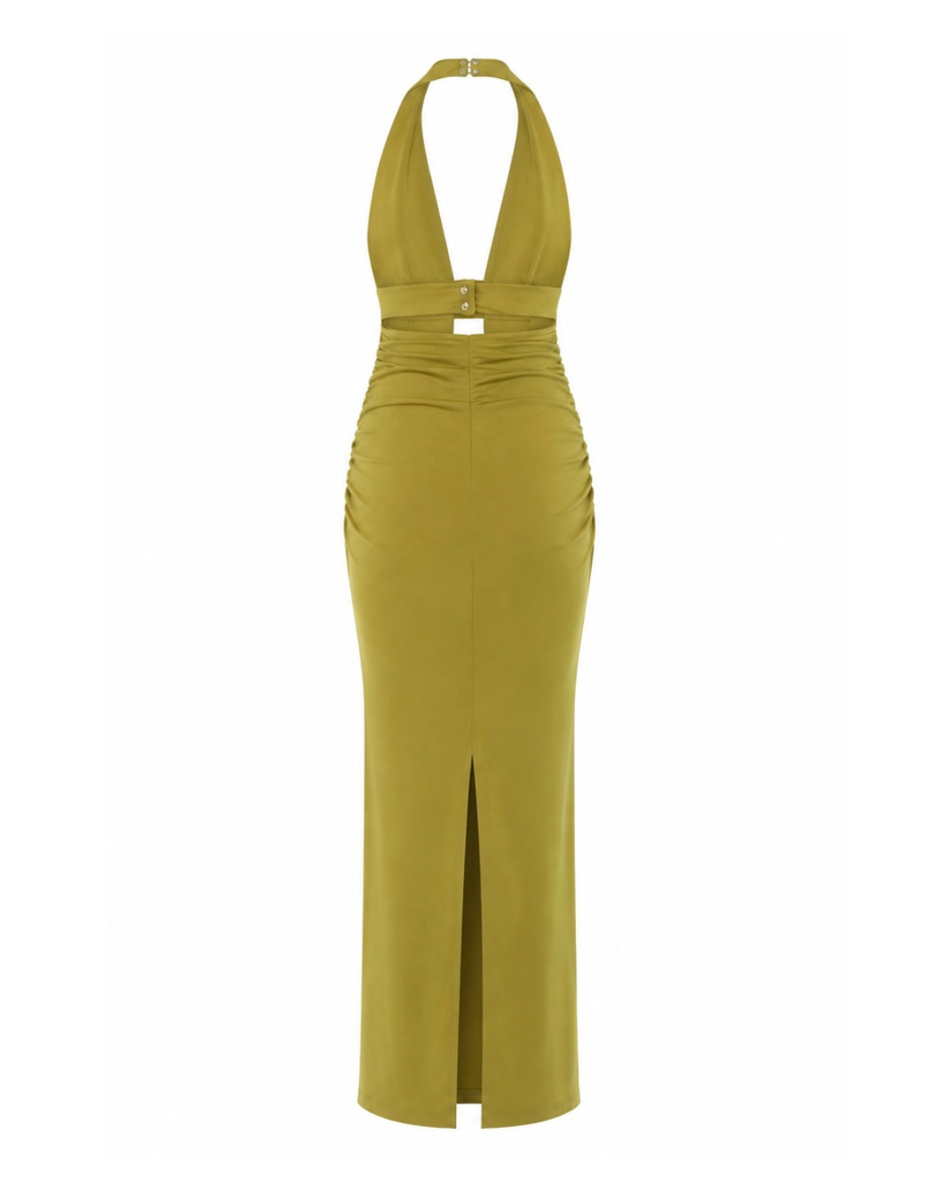 Ruched halter maxi dress with a gold hardware detail