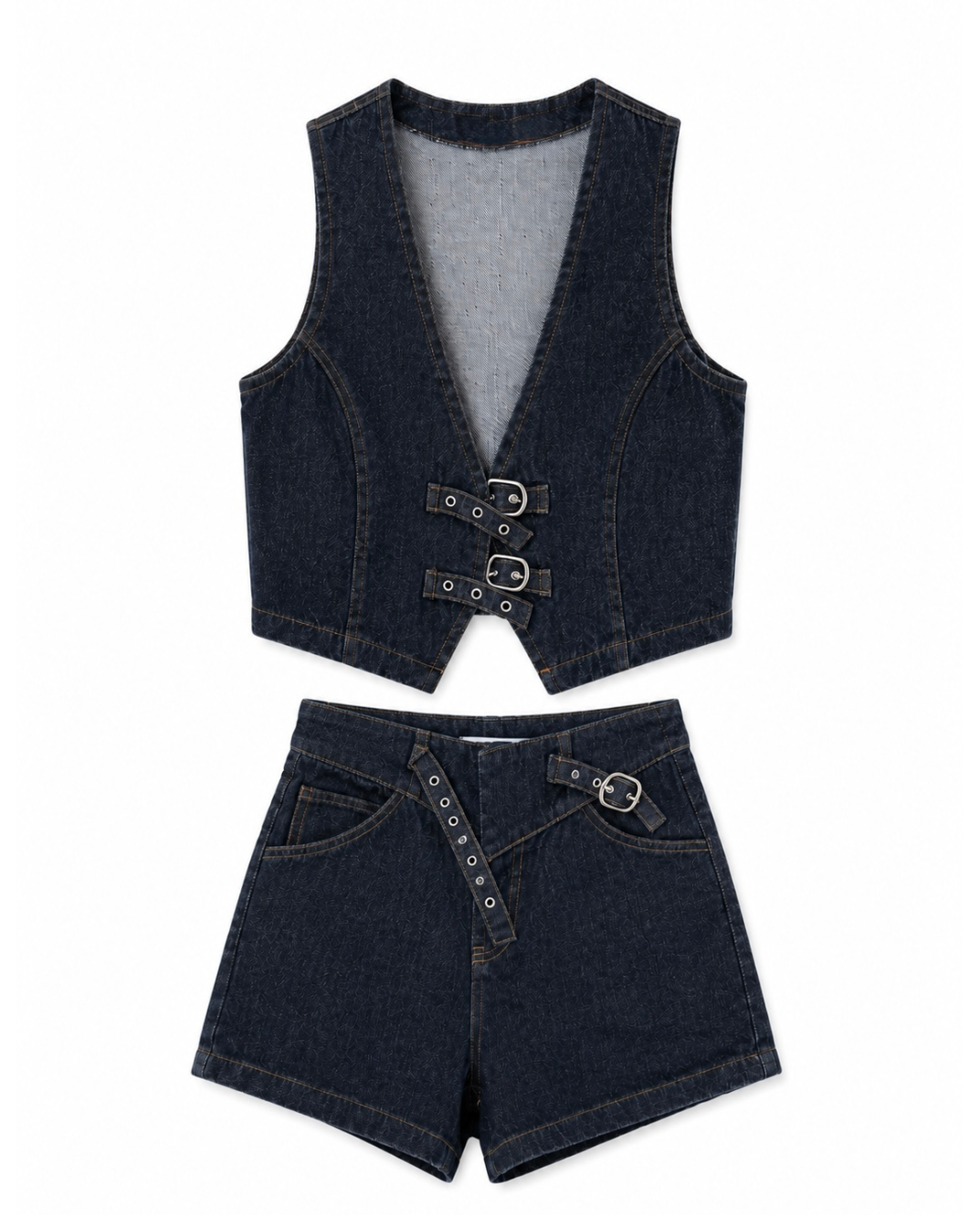 Denim buckle vest and shorts set
