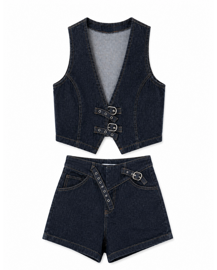 Denim buckle vest and shorts set