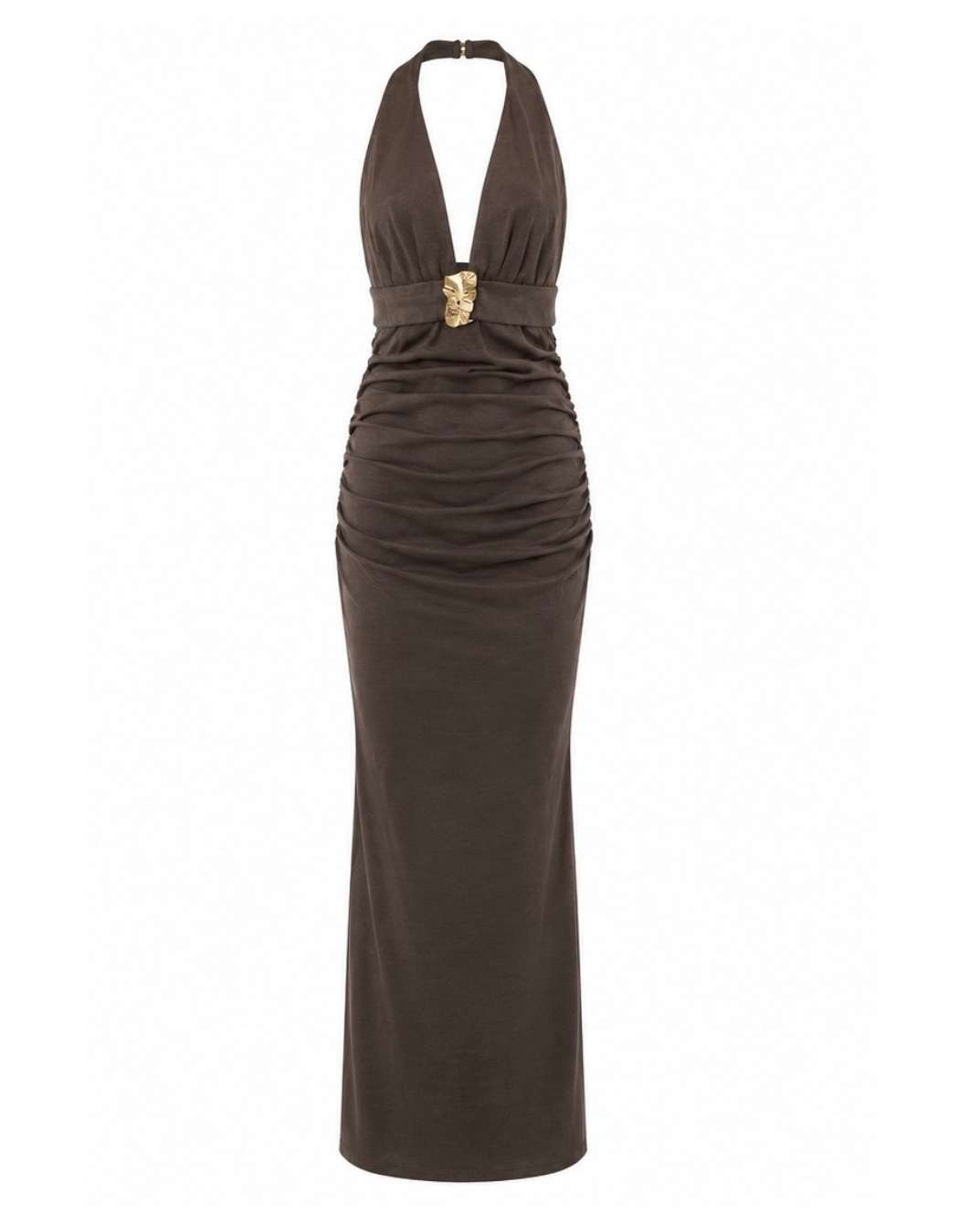 Ruched halter maxi dress with a gold hardware detail