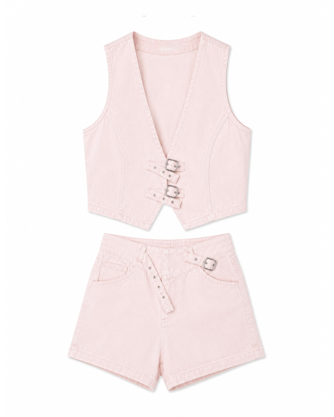 Denim buckle vest and shorts set