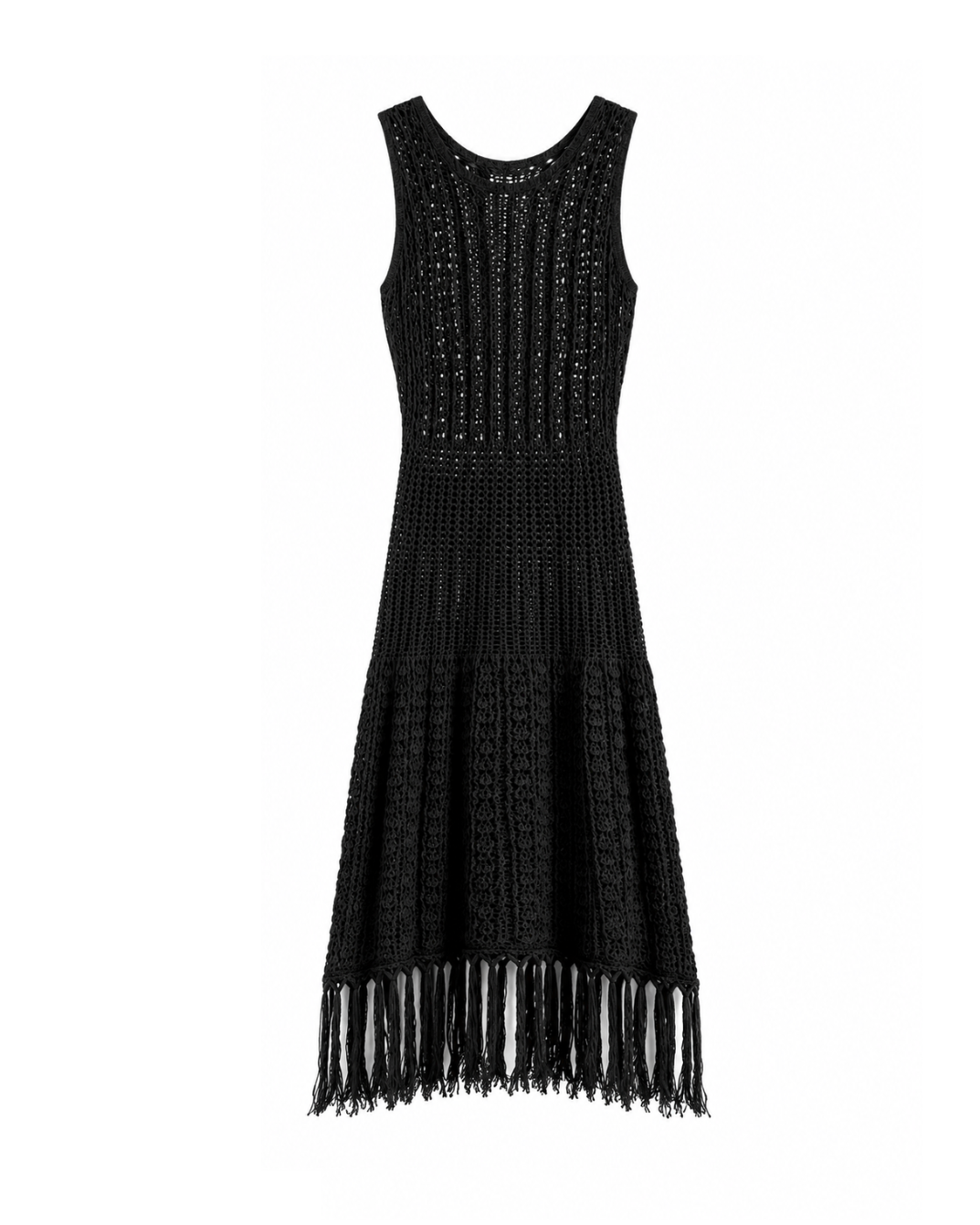 Open-knit midi beachwear dress with a fringed hem