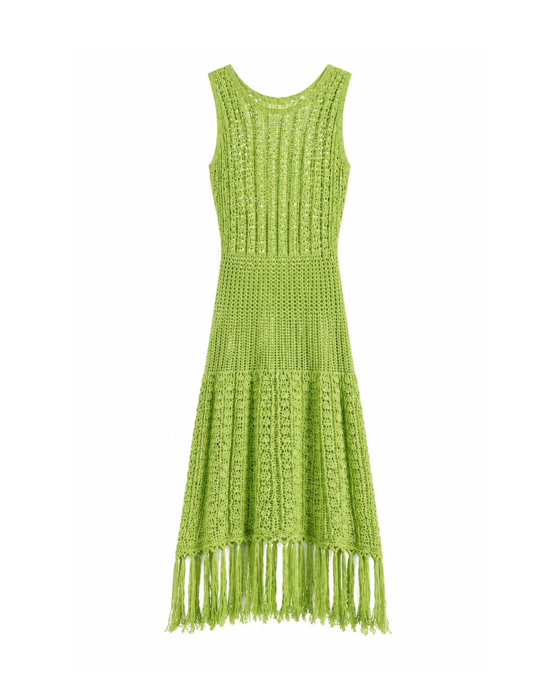 Open-knit midi beachwear dress with a fringed hem