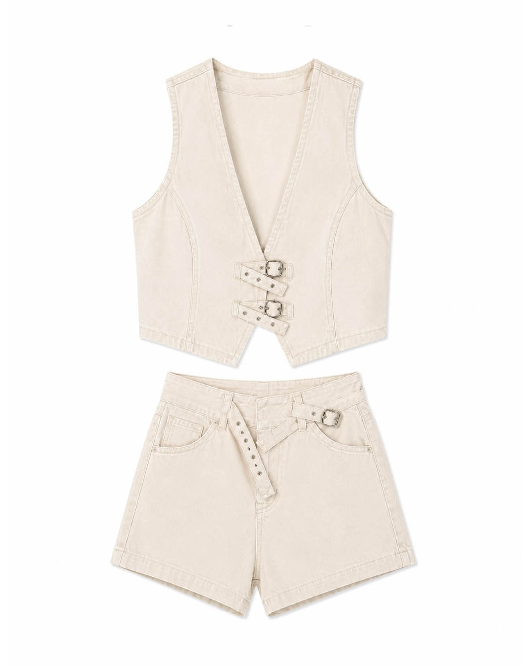 Denim buckle vest and shorts set