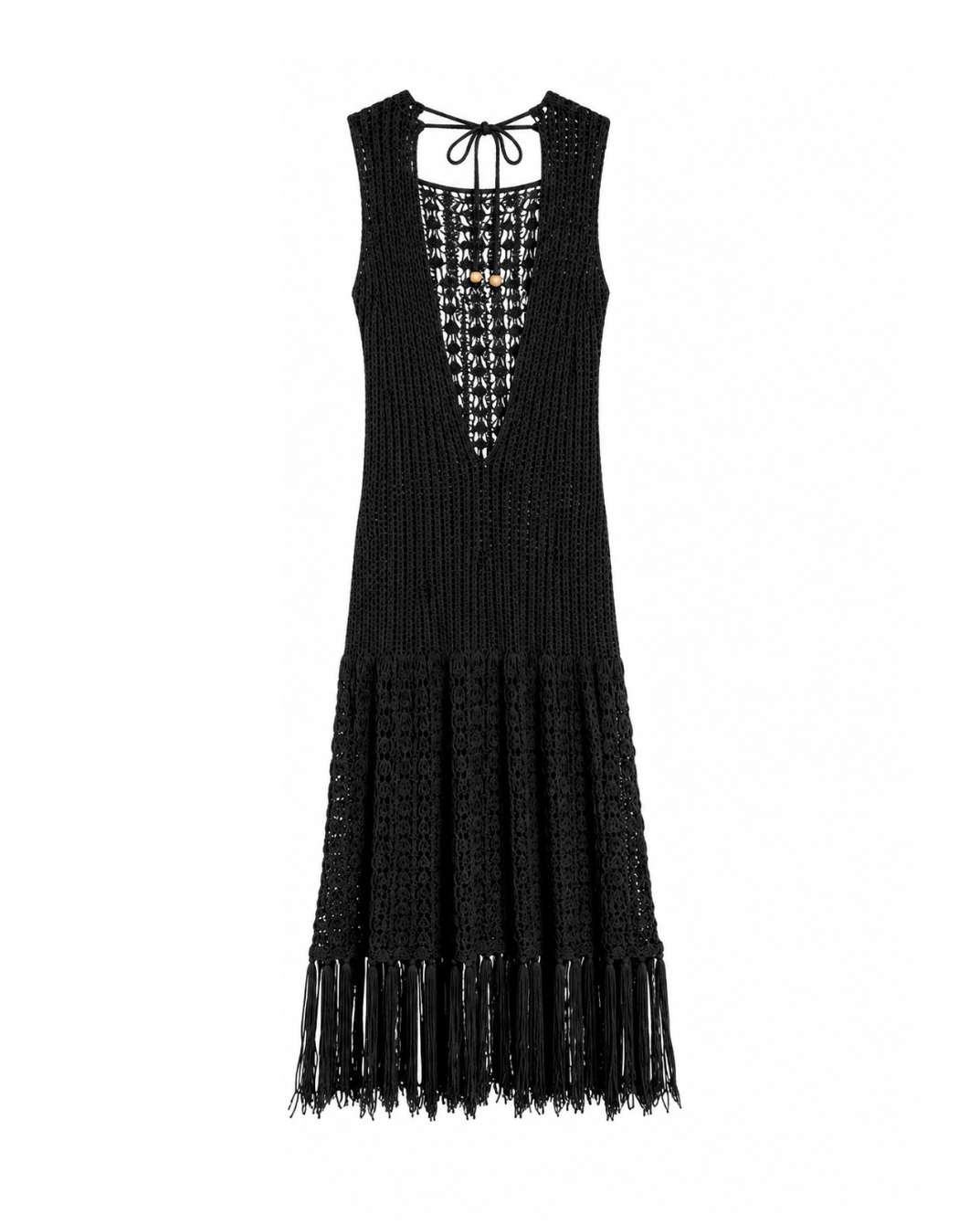 Open-knit midi beachwear dress with a fringed hem