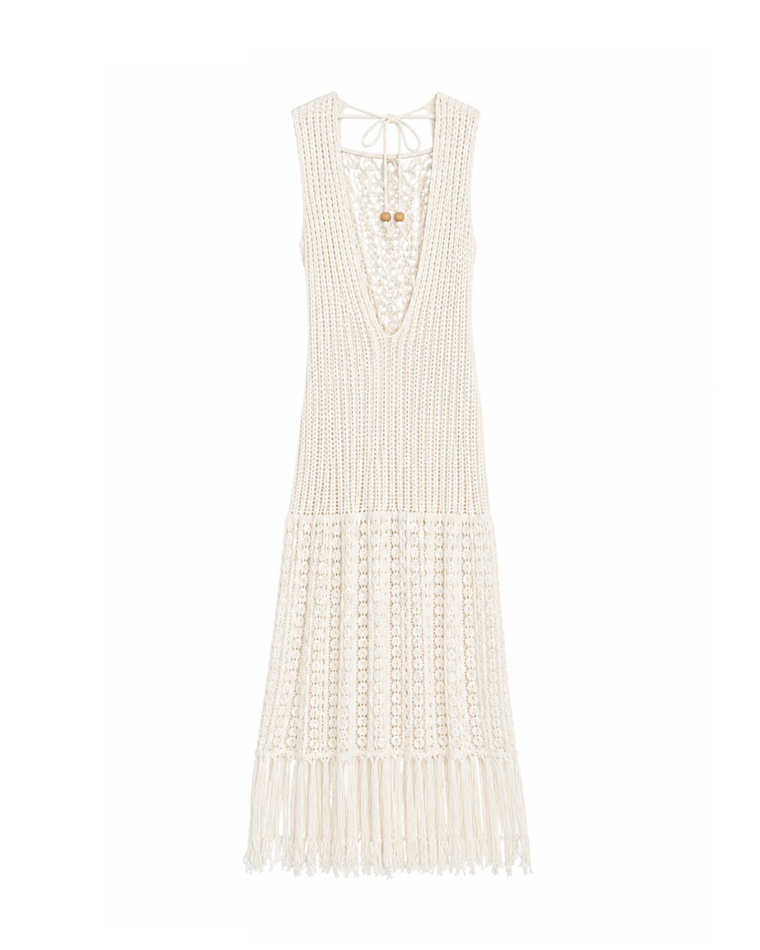 Open-knit midi beachwear dress with a fringed hem