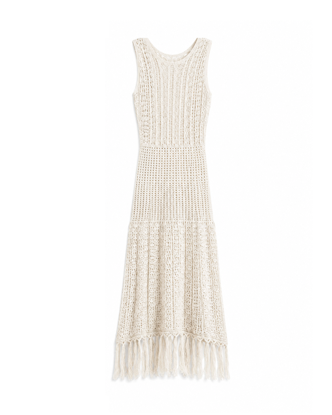 Open-knit midi beachwear dress with a fringed hem