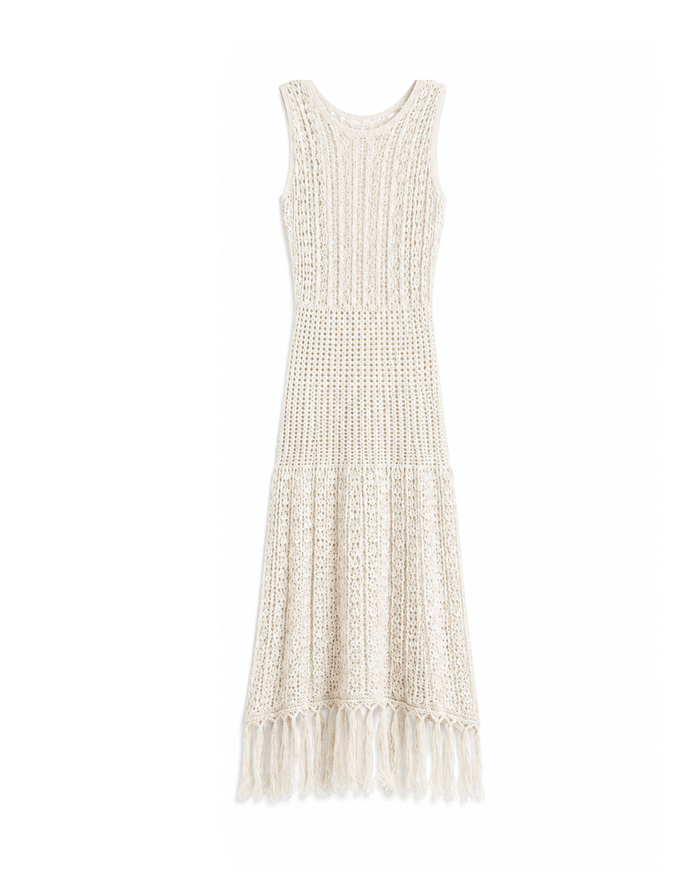 Open-knit midi beachwear dress with a fringed hem
