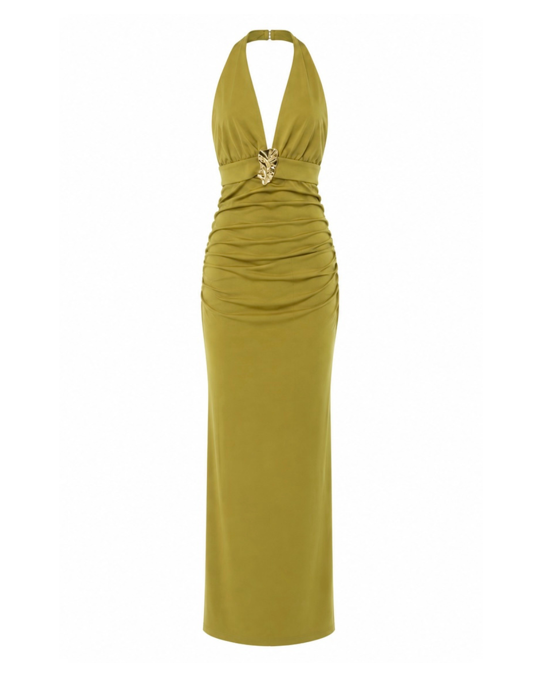 Ruched halter maxi dress with a gold hardware detail