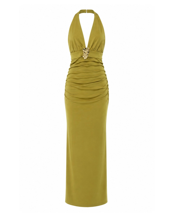 Ruched halter maxi dress with a gold hardware detail
