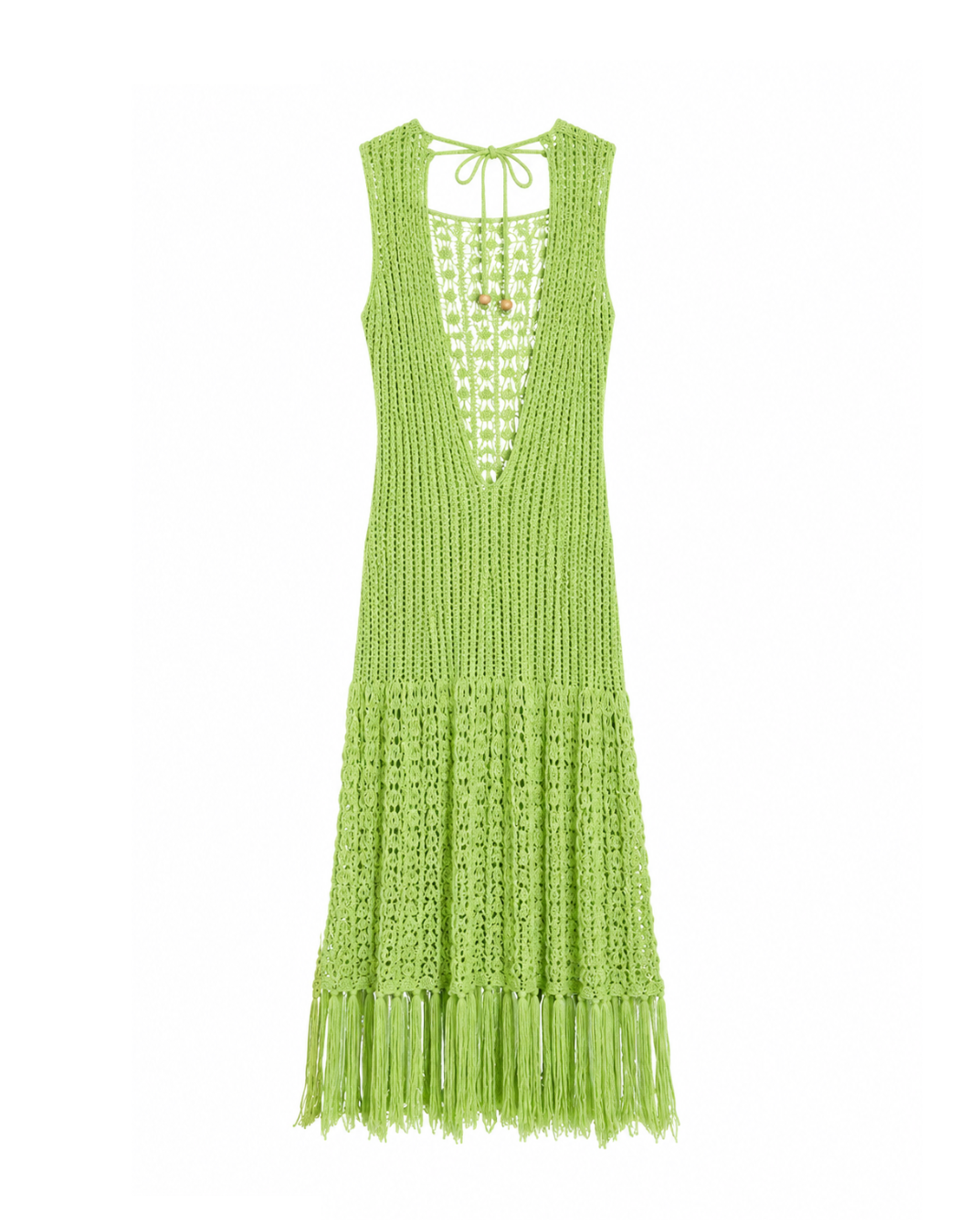 Open-knit midi beachwear dress with a fringed hem