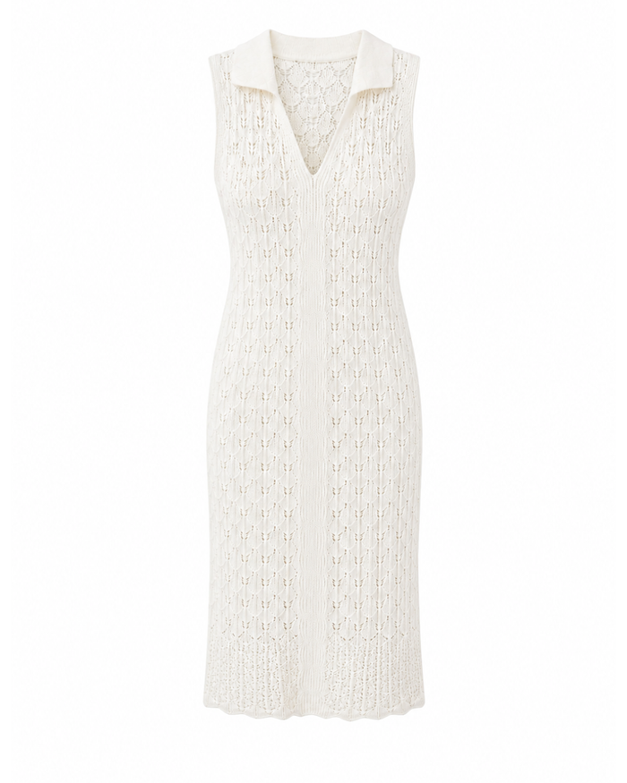 Knitted midi shirt-collar beach dress