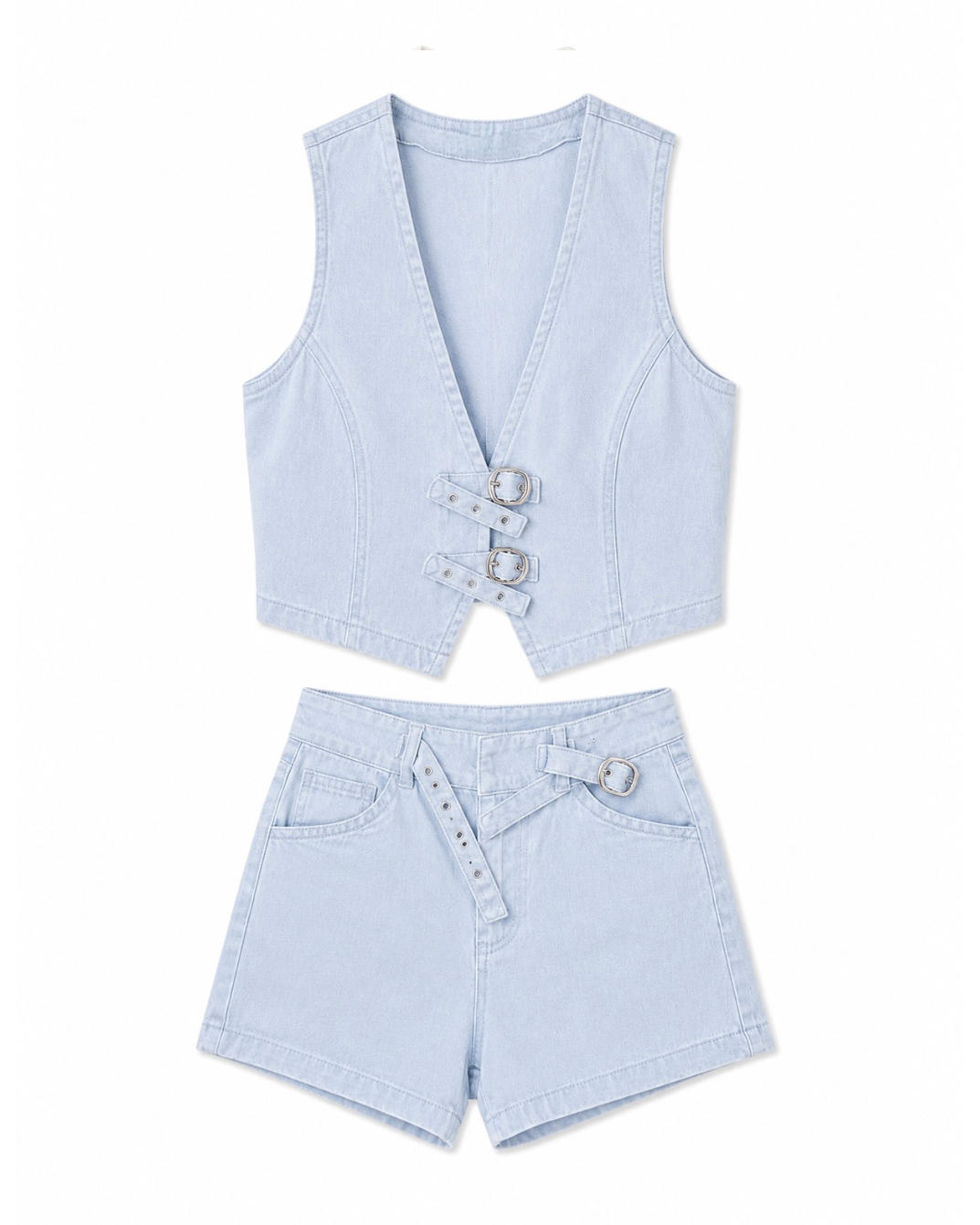 Denim buckle vest and shorts set