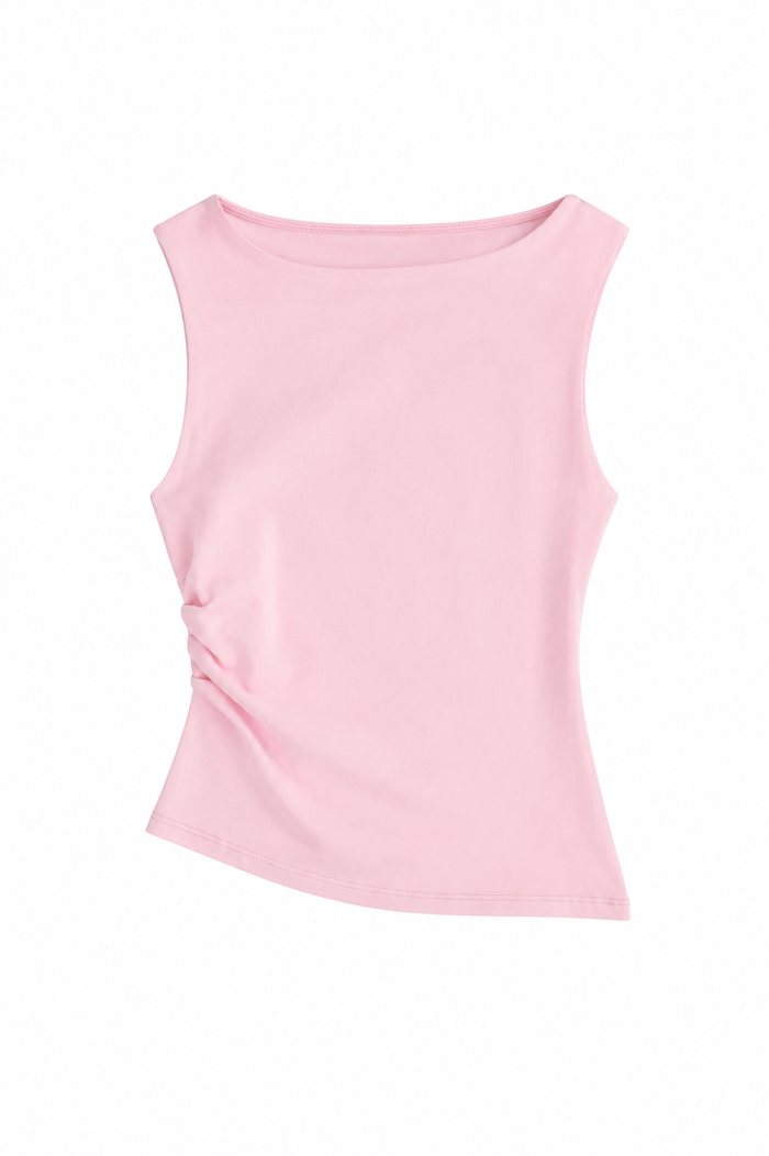 Boatneck asymmetric cotton ruched tank top