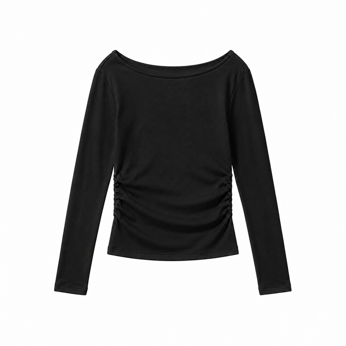 Long-sleeve crewneck side-cinched cotton top