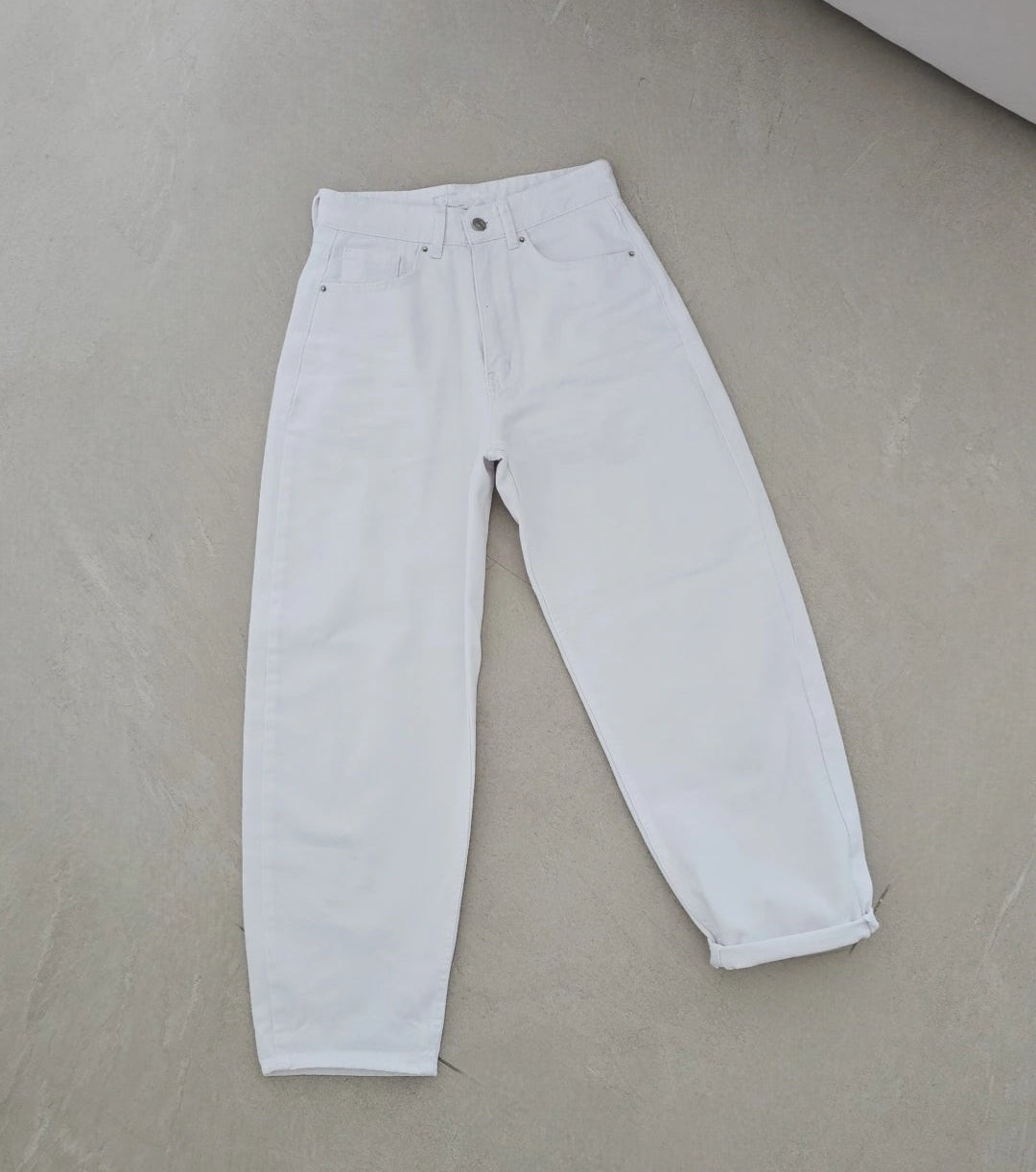 White barrel-leg jeans