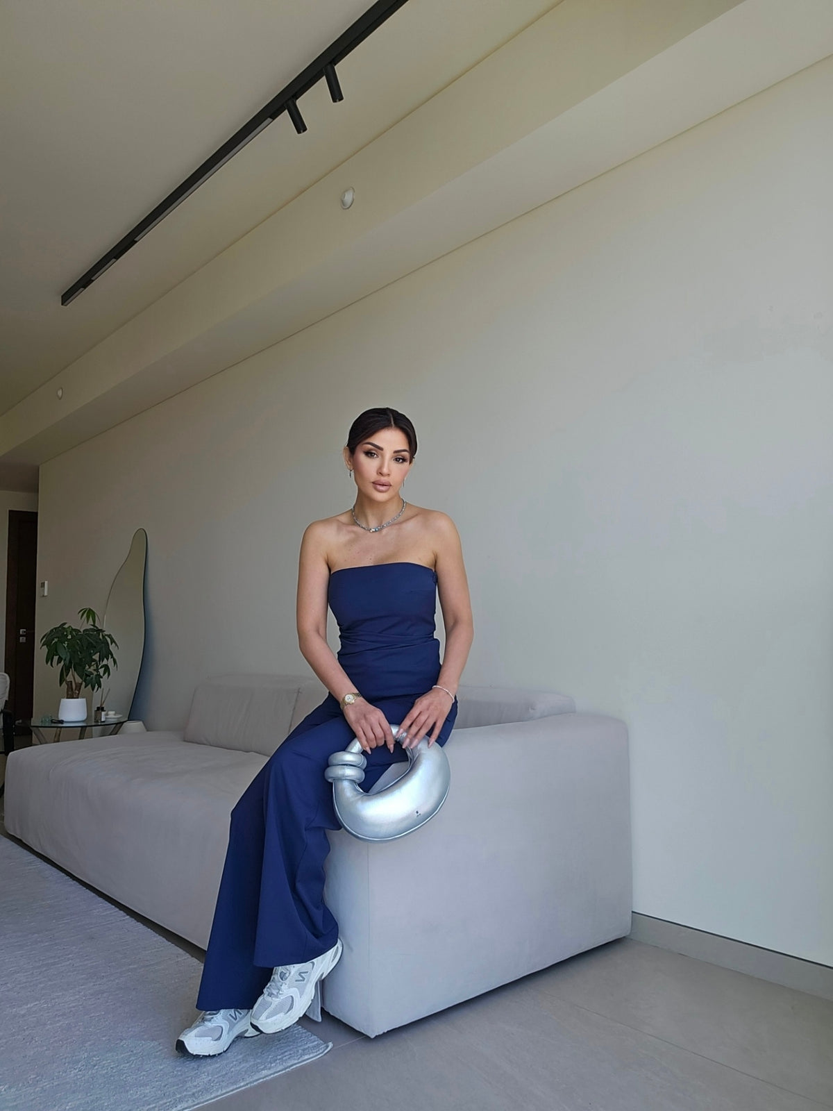 Navy ruched strapless top and wide-leg pants set