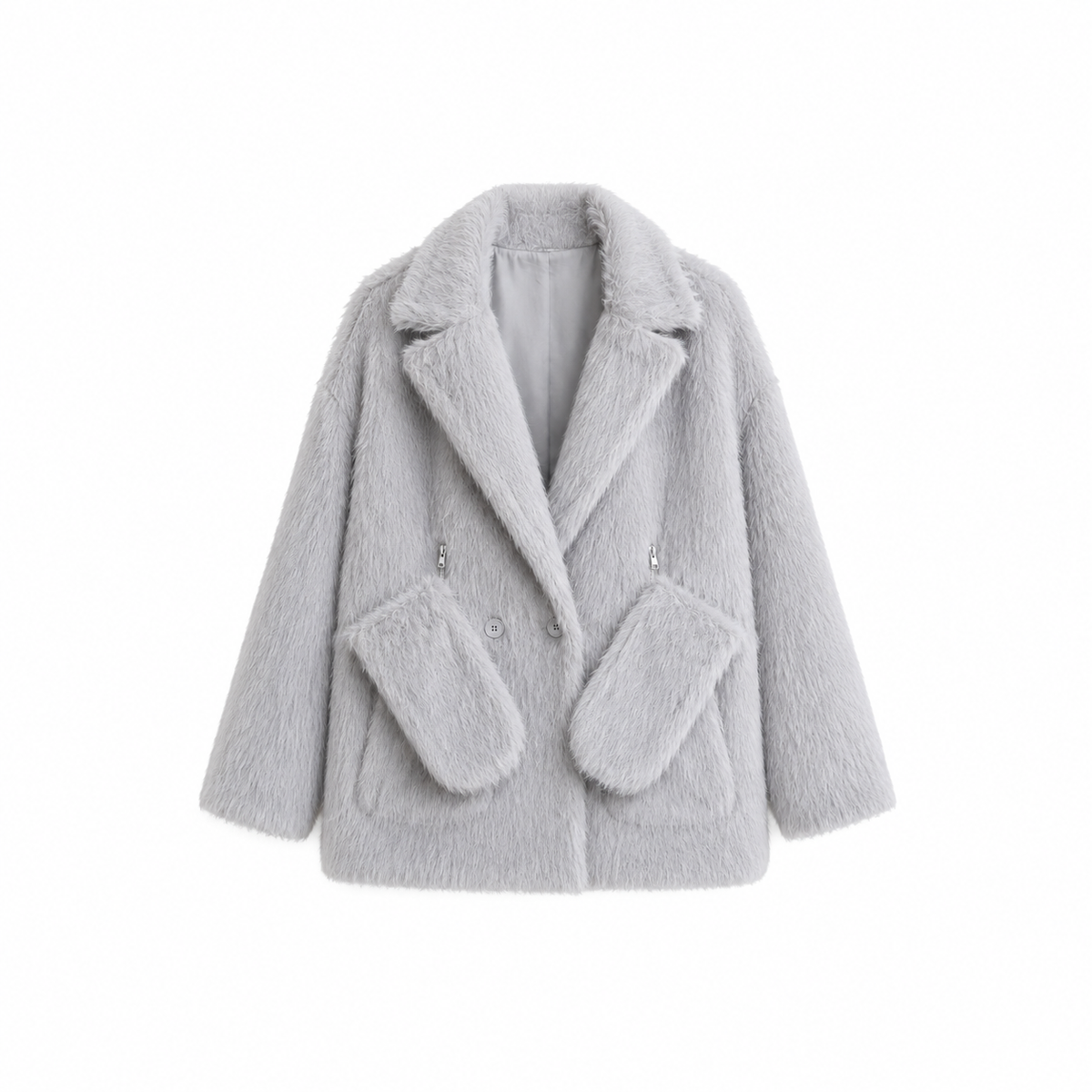 Oversized light grey faux-fur teddy coat with matching built-in mittens