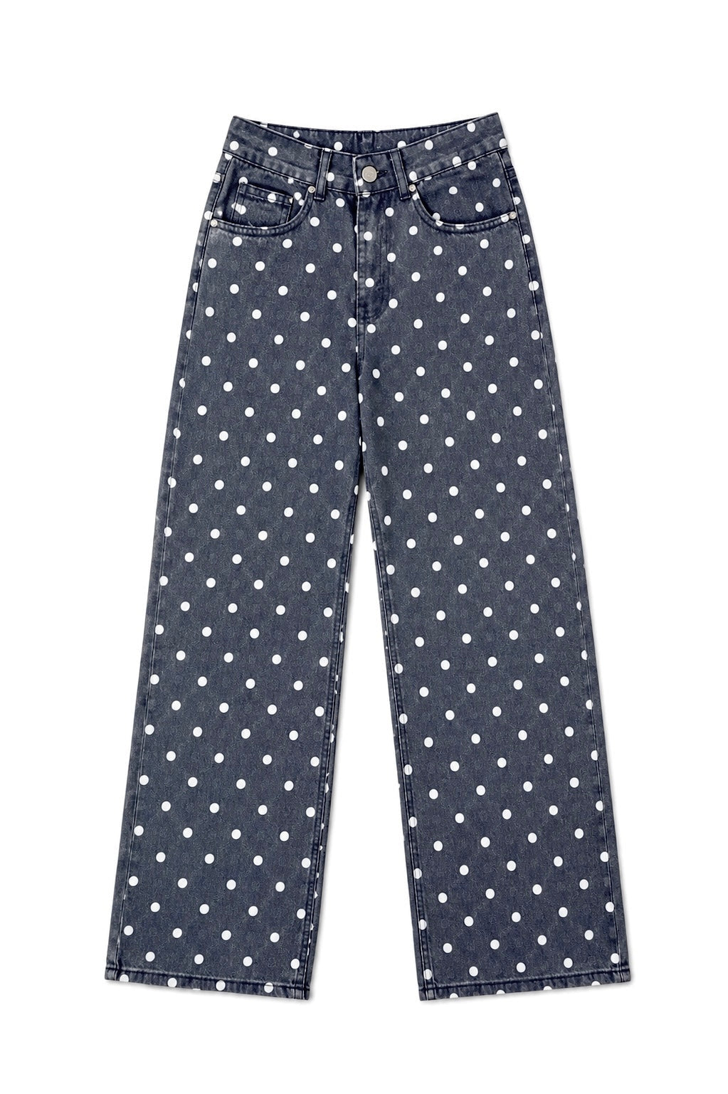 Mid-waisted grey and white polka dot straight-leg pants