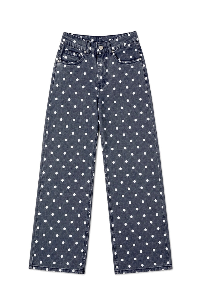 Mid-waisted grey and white polka dot straight-leg pants