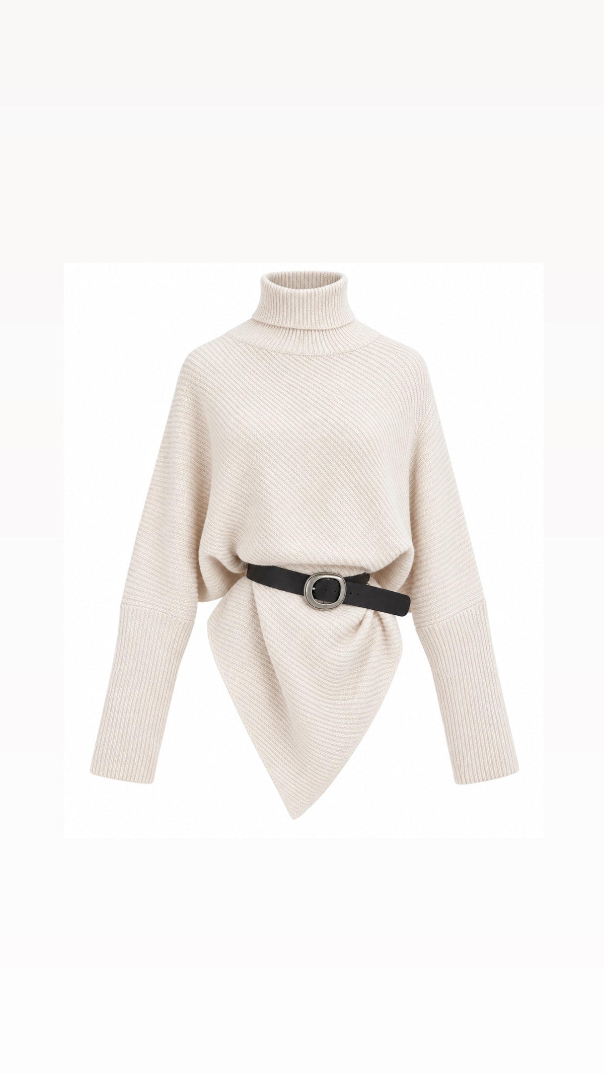 Off-white asymmetric ribbed turtleneck sweater with a black faux leather belt
