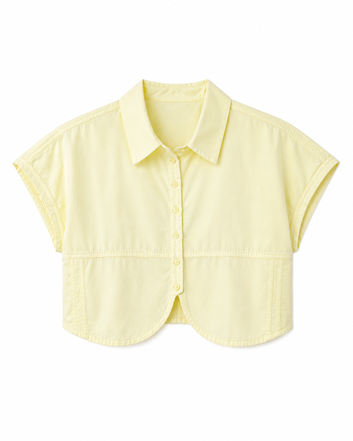 Short-sleeve cropped button-down cotton shirt with a curved hem