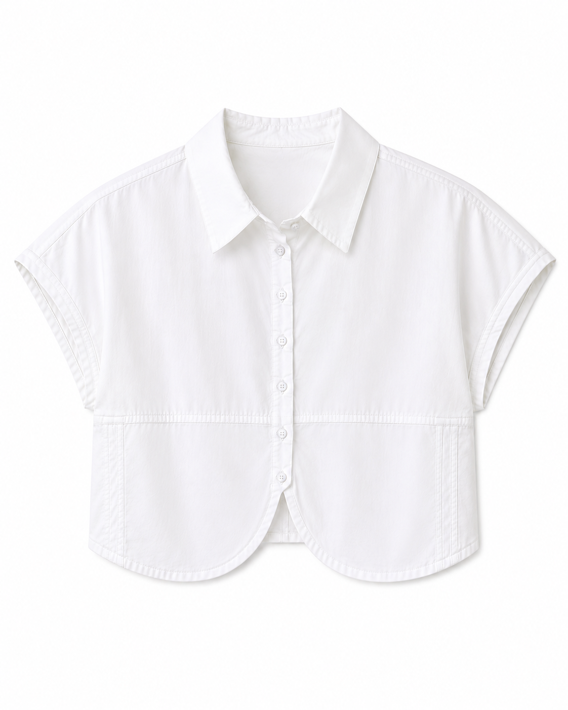 Short-sleeve cropped button-down cotton shirt with a curved hem