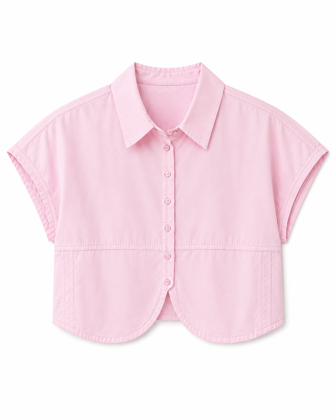 Short-sleeve cropped button-down cotton shirt with a curved hem