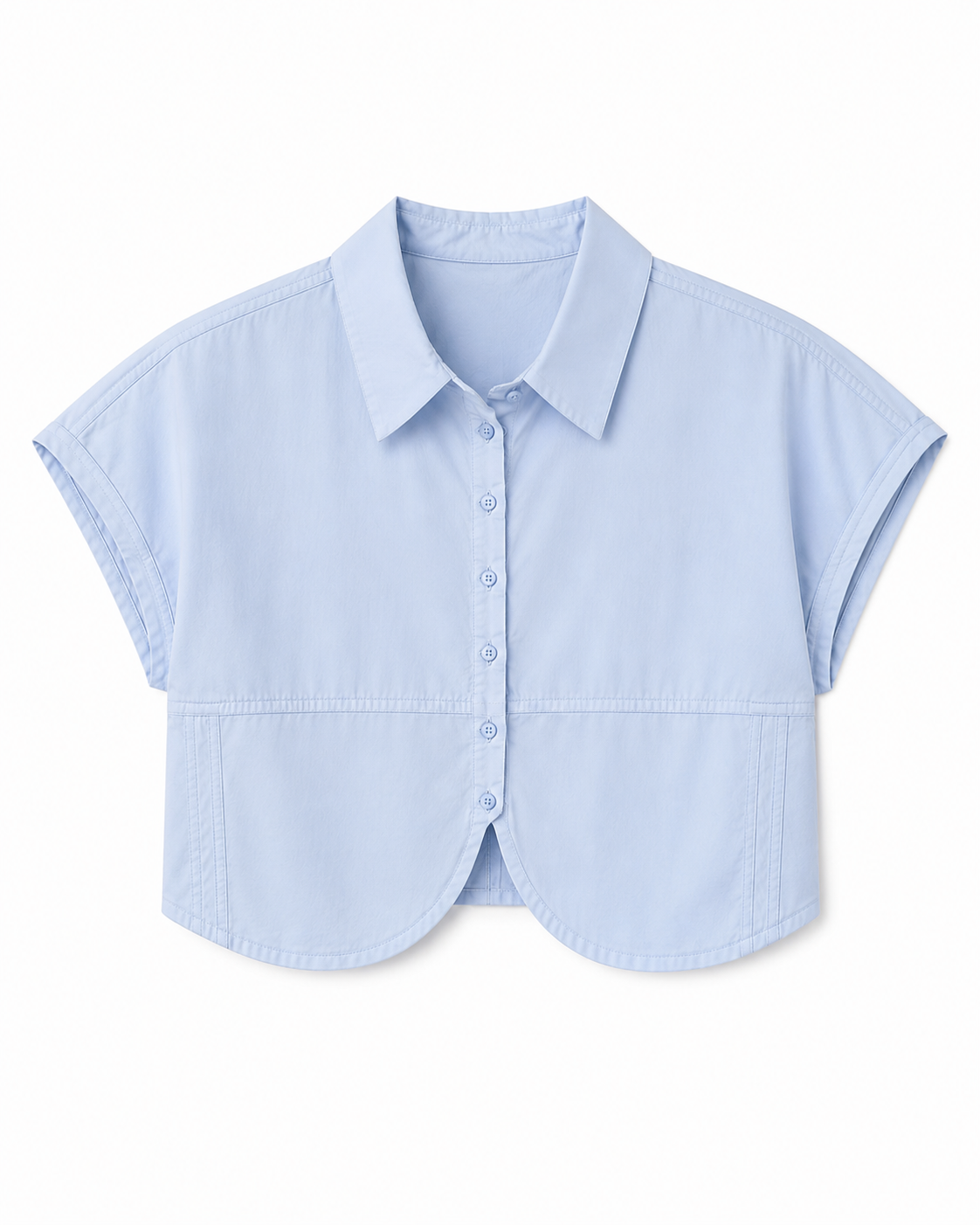 Short-sleeve cropped button-down cotton shirt with a curved hem