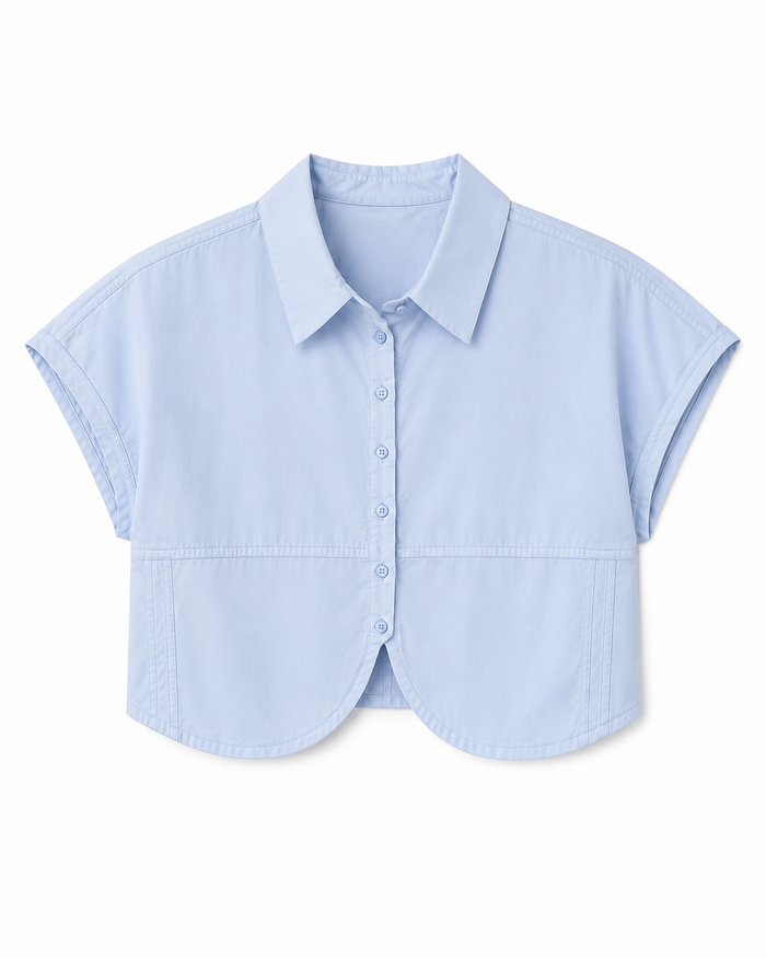 Short-sleeve cropped button-down cotton shirt with a curved hem