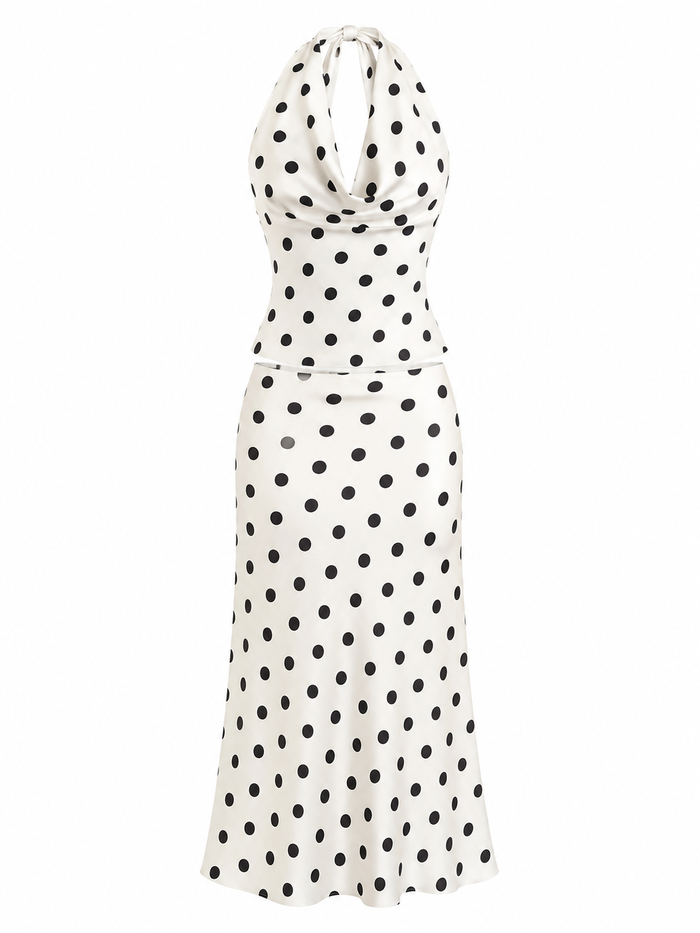 Polka dot print cowl-neck halter top and midi skirt matching set