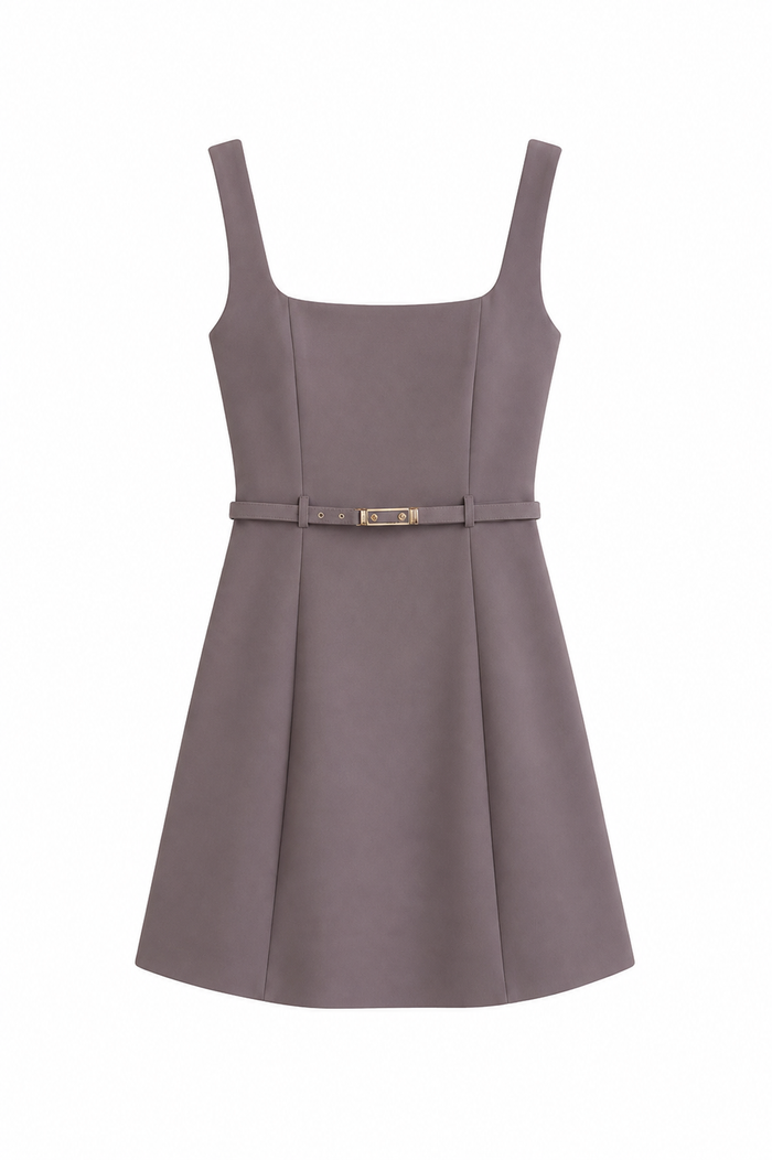 Taupe square-neck belted A-line mini dress